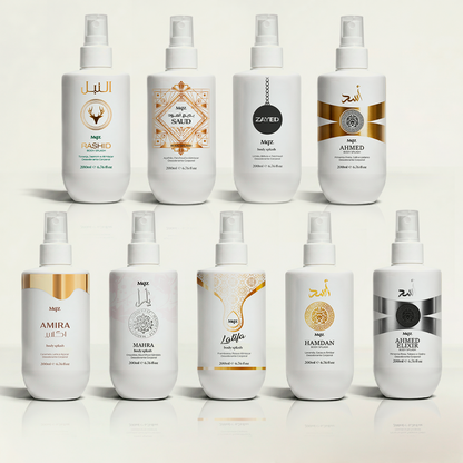 Mahra, Amira, Latifa, Hamdan, Ahmed, Ahmed Elixir, Zayed, Saud e Rashid – Kit 9 Body Splash Árabes
